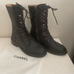 Chanel Black Leather Combat Boots 38 Well Loved